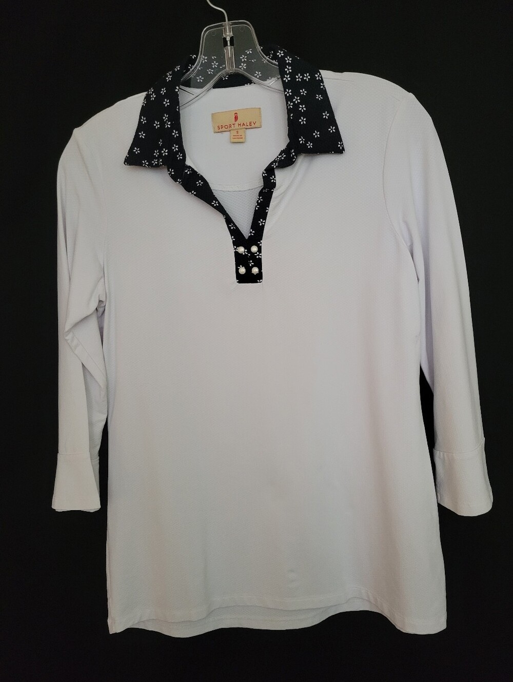 Sport Haley White Long Sleeve Polo with Navy Floral Collar